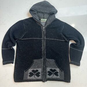 Aran Crafts Black and Gray women’s large 100% merino wool zip up sweater jacket